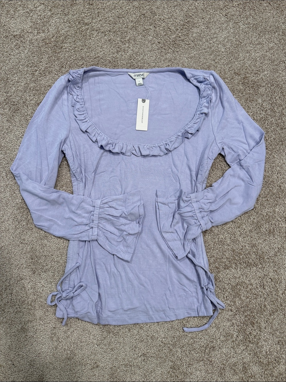 Womens Size Small Anthropologie Maeve Long Sleeve Scoop Neck Ruched Top Lavender